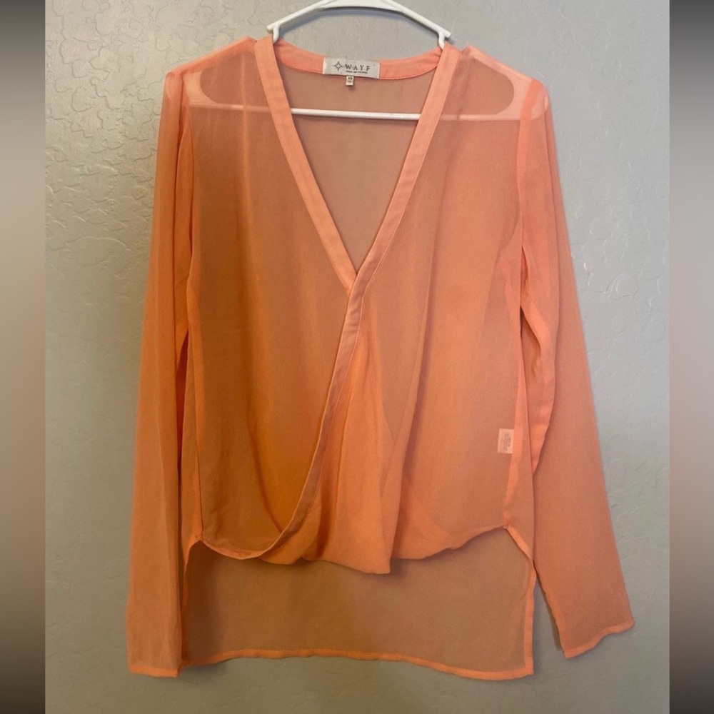 ⭐️Wayf sheer peach high low blouse with wrap style vneck size XS